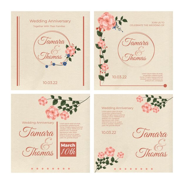 Collezione di post instagram di matrimonio floreale