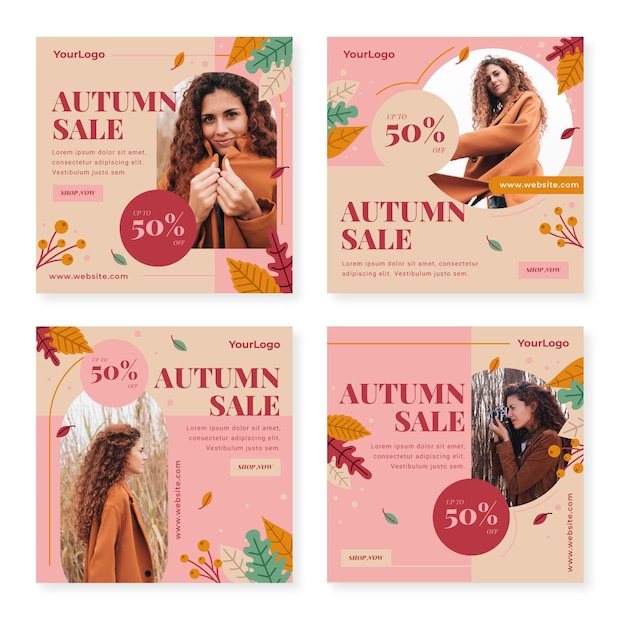 Collezione di post instagram di vendita piatta autunnale con foto