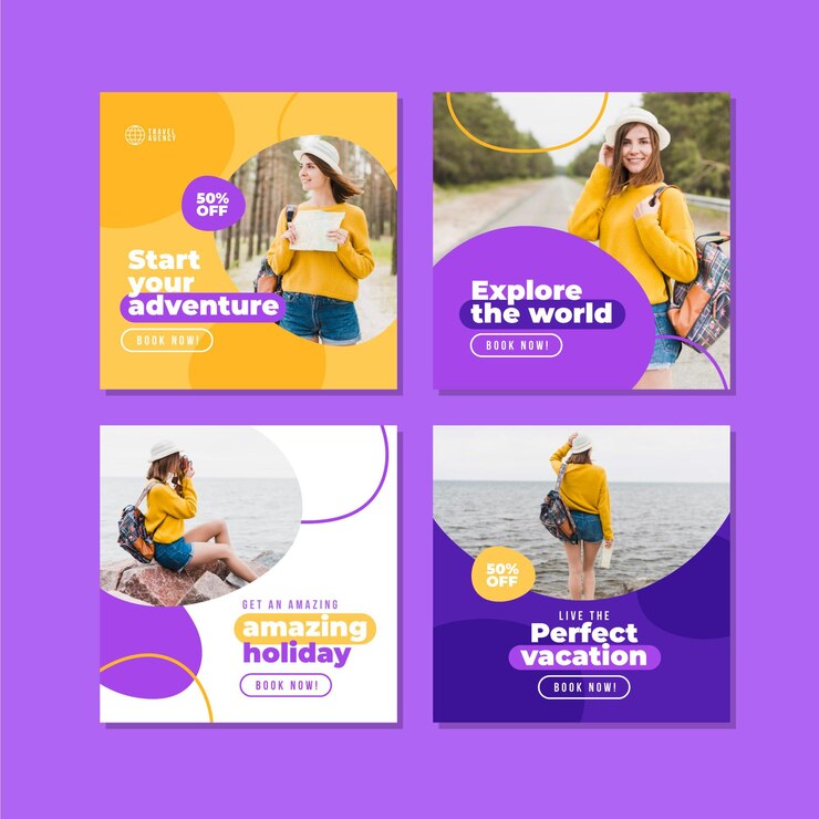 Vettore gratuito collezione di post instagram di viaggio design piatto