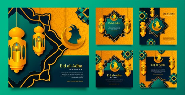 Collezione di post instagram eid al-adha realistici con lanterne
