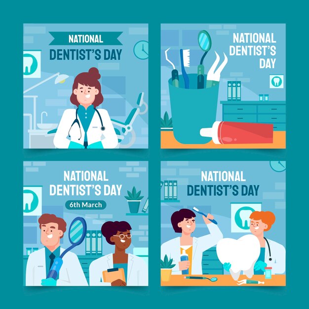 Collezione di post instagram per il giorno del dentista nazionale piatto