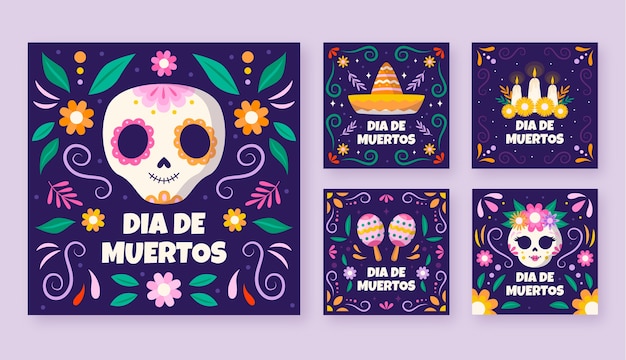 Collezione di post instagram per la celebrazione del dia de muertos piatto