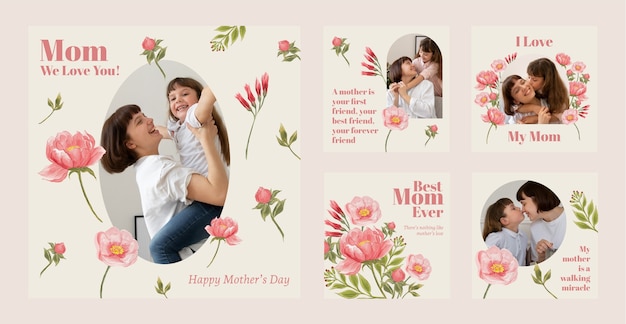 Collezione di post instagram per la festa della mamma dell'acquerello