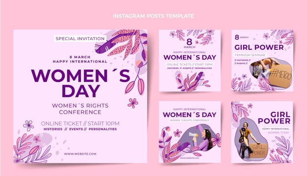 Collezione di post instagram per la giornata internazionale della donna disegnata a mano