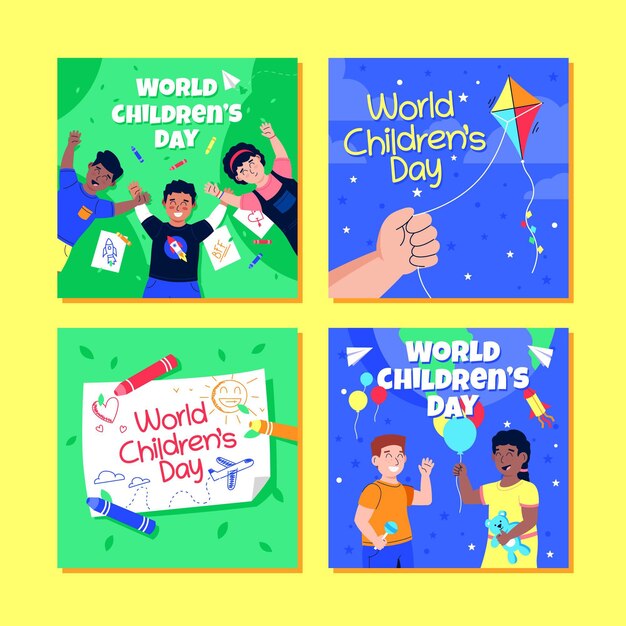 Collezione di post instagram per la giornata mondiale dei bambini disegnati a mano