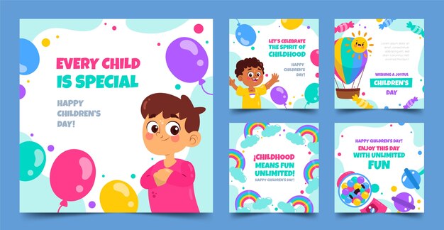 Collezione di post instagram per la giornata mondiale dei bambini piatti