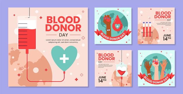 Collezione di post instagram per la giornata mondiale del donatore di sangue piatto