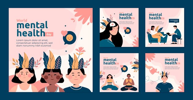 Collezione di post instagram per la giornata mondiale della salute mentale piatta