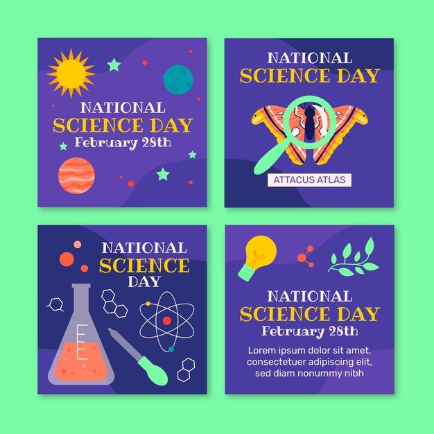 Collezione di post instagram per la giornata nazionale della scienza piatta
