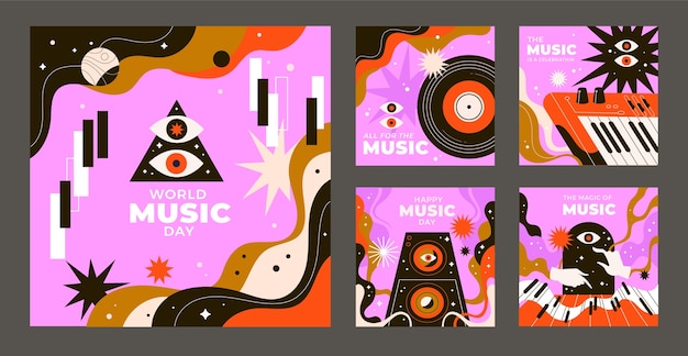 Collezione di post instagram piatti per la celebrazione della giornata mondiale della musica
