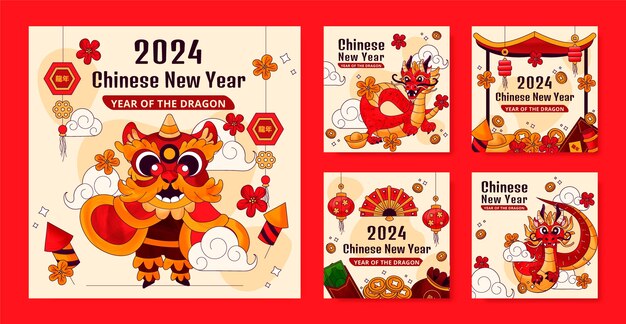 Collezione di post su Instagram disegnati a mano per il festival del capodanno cinese