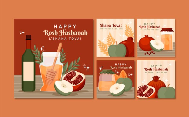 Collezione di post su Instagram disegnati a mano per la celebrazione del Capodanno ebraico Rosh Hashanah