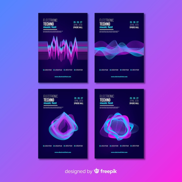 Vettore gratuito collezione di poster di musica elettronica wave sound