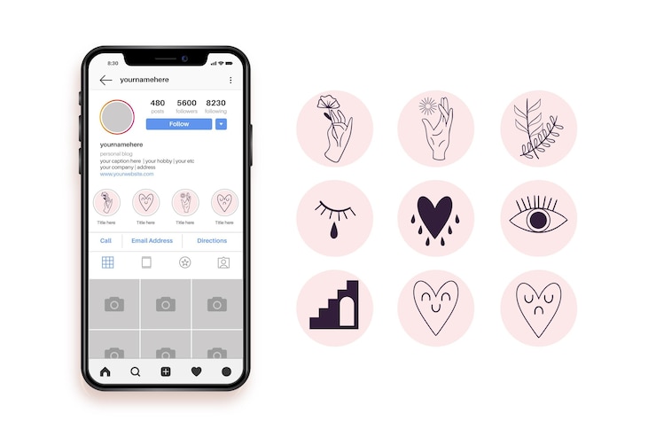 Vettore gratuito collezione di punti salienti di instagram disegnati a mano