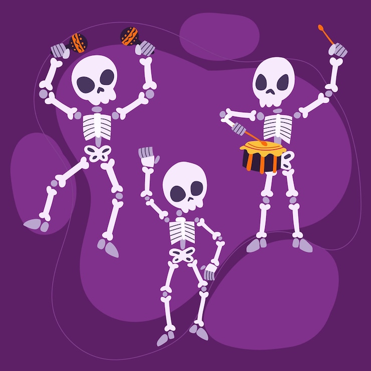 Vettore gratuito collezione di scheletri di halloween piatti disegnati a mano