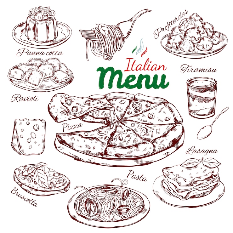 Vettore gratuito collezione di schizzi di cibo italiano