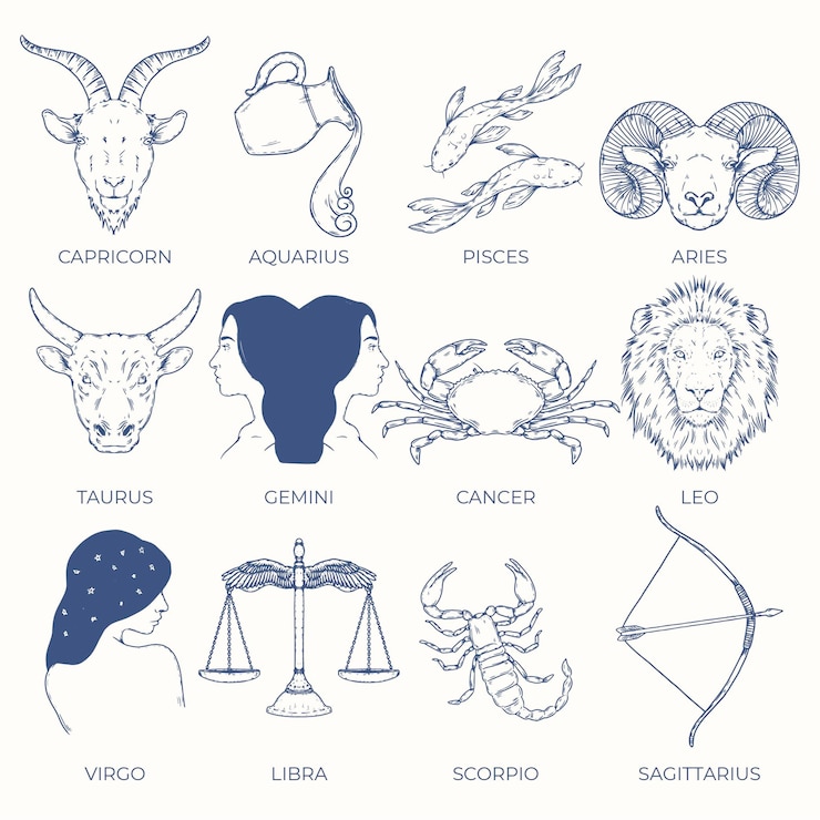 Vettore gratuito collezione di segni zodiacali disegnati a mano con incisione