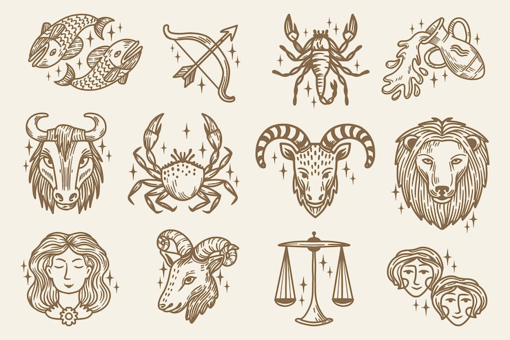 Vettore gratuito collezione di segni zodiacali disegnati a mano con incisione