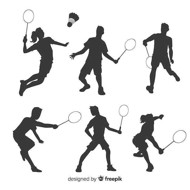 Collezione di silhouette di giocatori di badminton