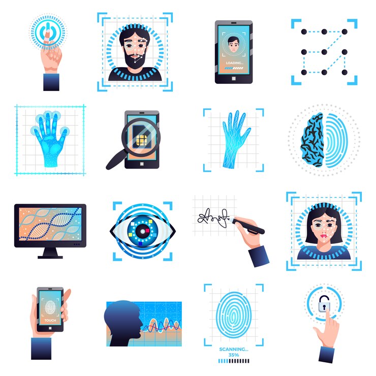 Vettore gratuito collezione di simboli di tecnologie di identificazione con riconoscimento dell'iride dell'occhio firma biometrica
