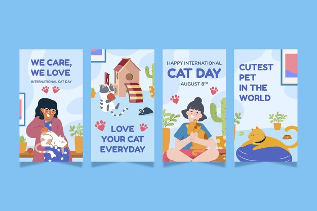 Collezione di storie di ig piatte disegnate a mano per la giornata internazionale del gatto