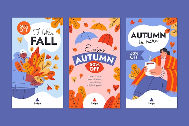 Collezione di storie di instagram autunnali disegnate a mano