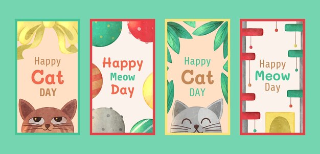 Collezione di storie di instagram del giorno internazionale del gatto dell'acquerello