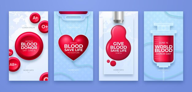 Collezione di storie di instagram della giornata mondiale del donatore di sangue realistica
