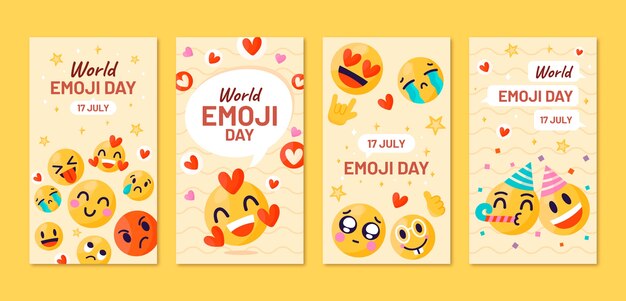 Collezione di storie di instagram della giornata mondiale delle emoji disegnate a mano