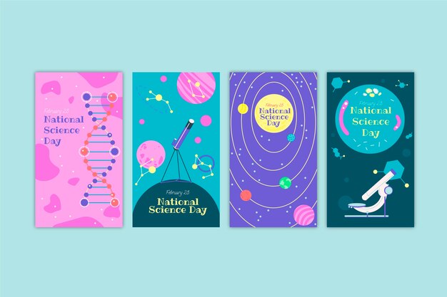 Collezione di storie di instagram della giornata nazionale della scienza piatta