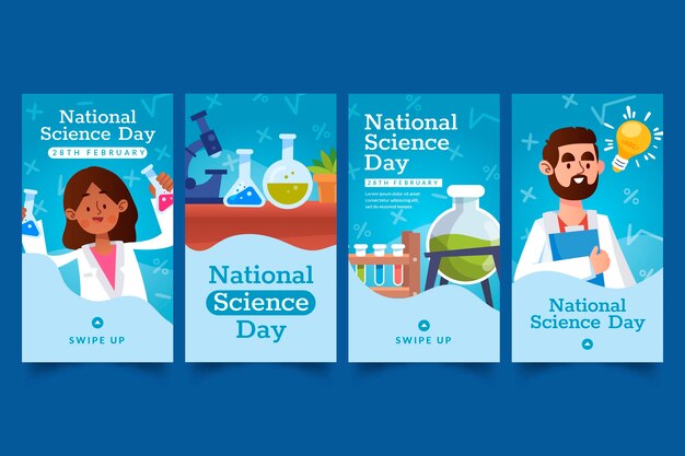 Collezione di storie di instagram della giornata nazionale della scienza piatta