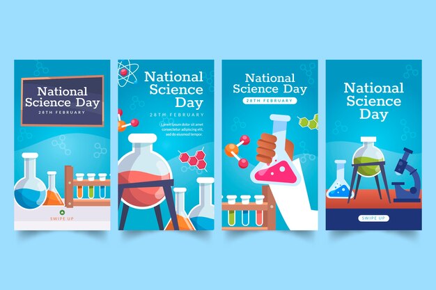 Collezione di storie di instagram della giornata nazionale della scienza piatta