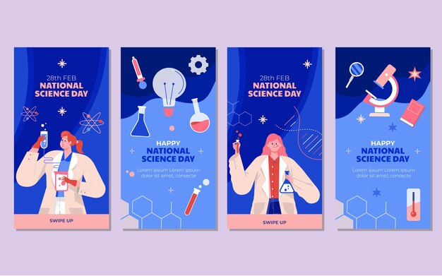 Collezione di storie di instagram della giornata nazionale della scienza piatta