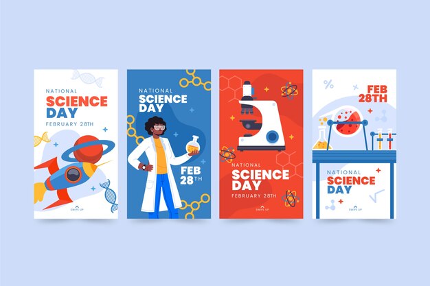Collezione di storie di instagram della giornata nazionale della scienza piatta