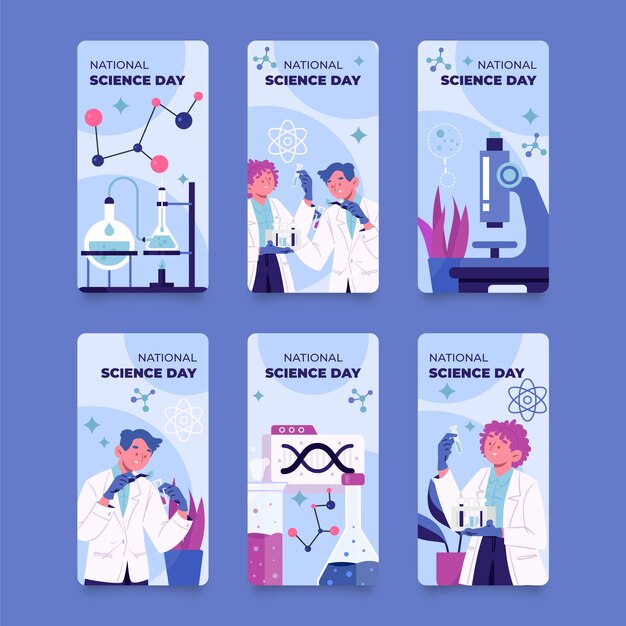 Collezione di storie di instagram della giornata nazionale della scienza piatta