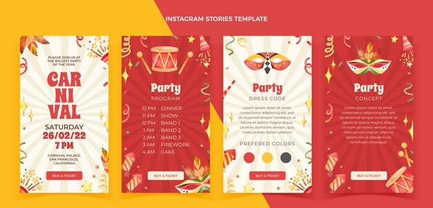 Collezione di storie di instagram di carnevale ad acquerello