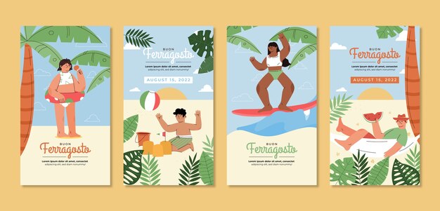 Collezione di storie di instagram di ferragosto piatto