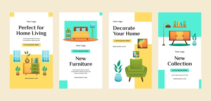 Vettore gratuito collezione di storie di instagram di interior design e decorazioni per la casa a gradiente
