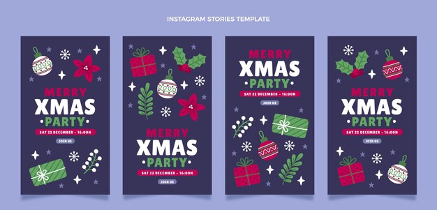 Collezione di storie di instagram di natale piatto disegnato a mano
