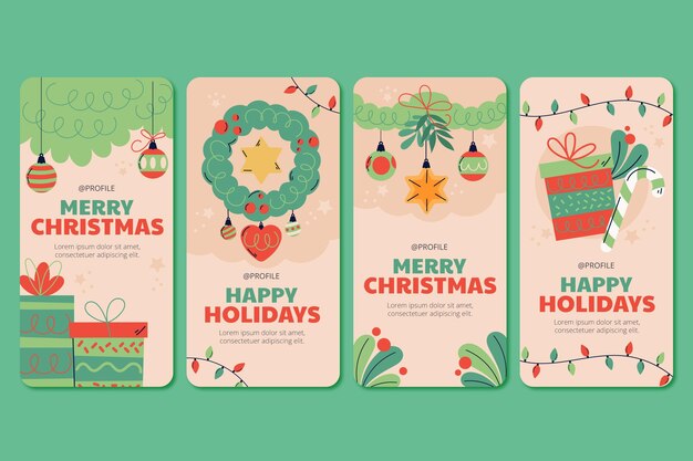 Collezione di storie di instagram di natale piatto disegnato a mano