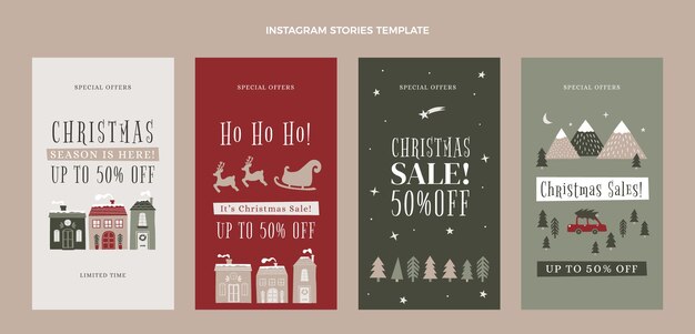Collezione di storie di instagram di natale piatto disegnato a mano
