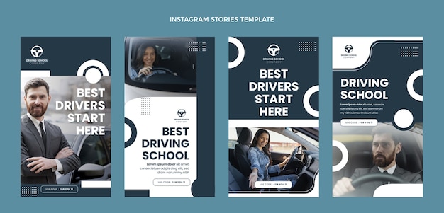 Collezione di storie di instagram di scuola guida piatta