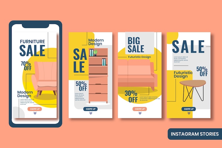 Vettore gratuito collezione di storie di instagram di vendita di mobili piatti