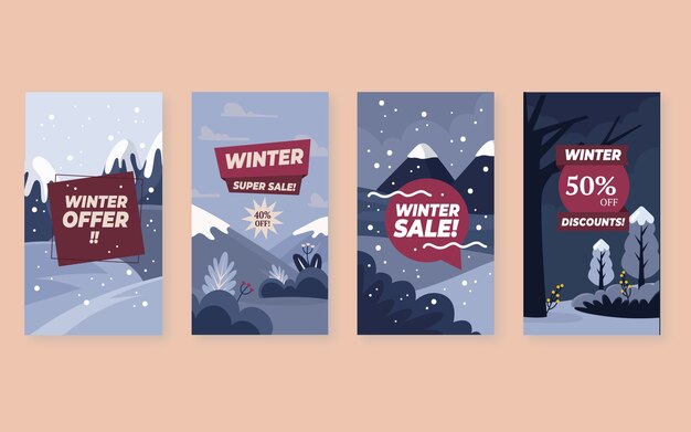Collezione di storie di instagram di vendita invernale piatta disegnata a mano