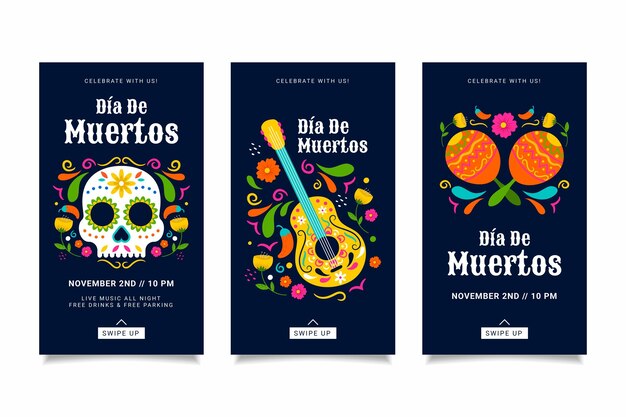 Collezione di storie di instagram dia de muertos disegnata a mano