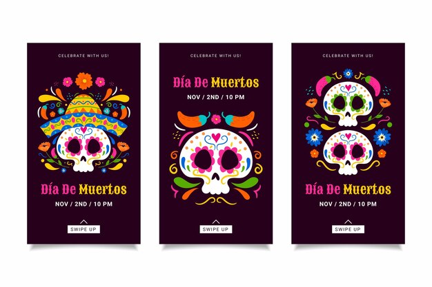 Collezione di storie di instagram dia de muertos disegnata a mano