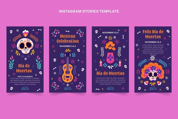 Collezione di storie di instagram dia de muertos piatta disegnata a mano