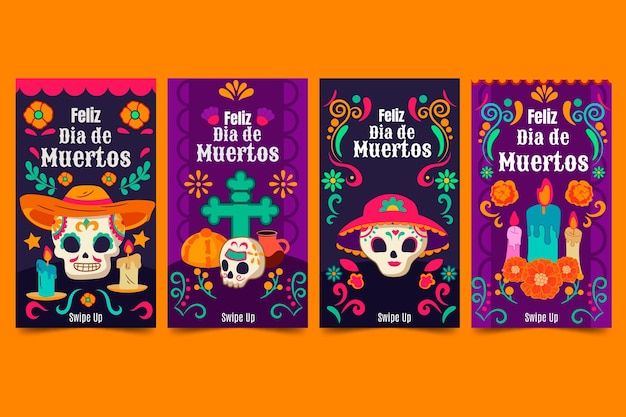 Collezione di storie di instagram dia de muertos piatta disegnata a mano