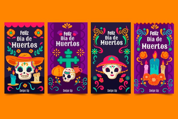 Collezione di storie di instagram dia de muertos piatta disegnata a mano