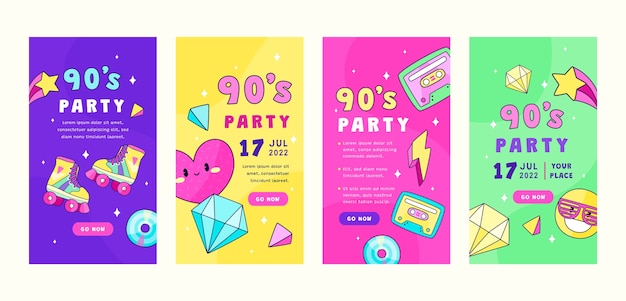 Collezione di storie di instagram per feste degli anni '90 piatta